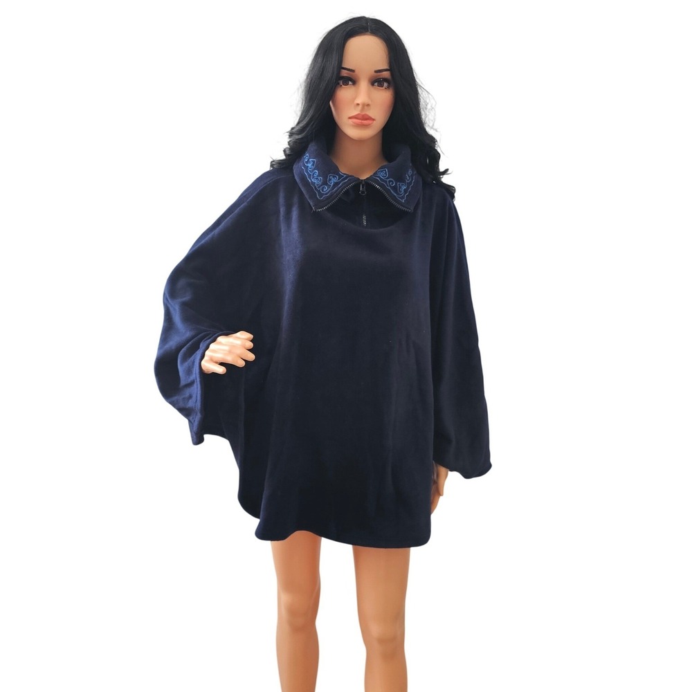 Navy Blue Fleece Quarter Zip Poncho Cape Embroidered Collar Outerwear Wrap